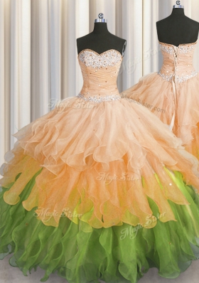 Sweetheart Sleeveless Organza 15th Birthday Dress Beading and Ruffles and Ruffled Layers and Sequins Lace Up