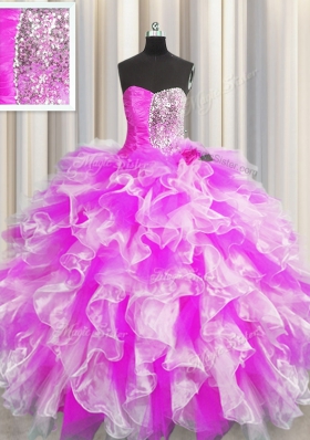 Sweetheart Sleeveless Quinceanera Gown Floor Length Beading and Ruffles and Ruching Multi-color Organza