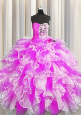 Sweetheart Sleeveless Quinceanera Gown Floor Length Beading and Ruffles and Ruching Multi-color Organza