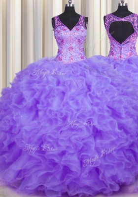 V Neck Lavender Sleeveless Floor Length Beading and Appliques and Ruffles Backless 15th Birthday Dress