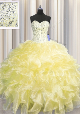 Visible Boning Zipper Up Sleeveless Organza Floor Length Zipper Vestidos de Quinceanera in Light Yellow for with Beading and Ruffles