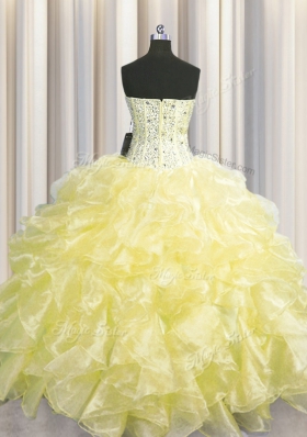 Visible Boning Zipper Up Sleeveless Organza Floor Length Zipper Vestidos de Quinceanera in Light Yellow for with Beading and Ruffles