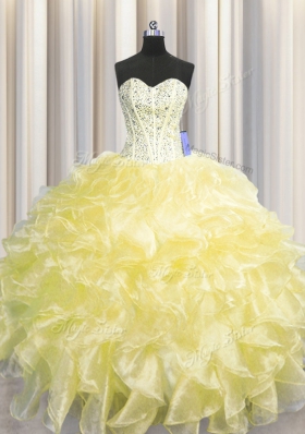 Visible Boning Zipper Up Sleeveless Organza Floor Length Zipper Vestidos de Quinceanera in Light Yellow for with Beading and Ruffles