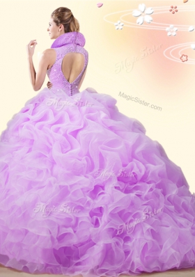 Adorable Blue Organza Backless High-neck Sleeveless Quince Ball Gowns Brush Train Beading and Ruffles and Pick Ups