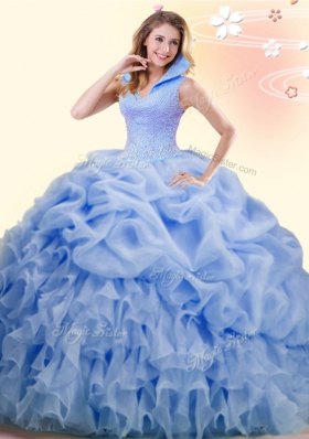 Adorable Blue Organza Backless High-neck Sleeveless Quince Ball Gowns Brush Train Beading and Ruffles and Pick Ups