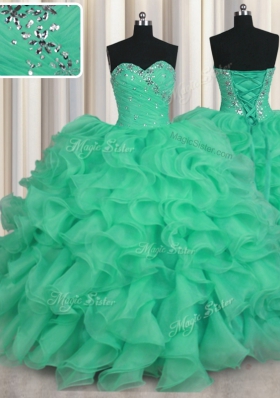 Adorable Organza Sweetheart Sleeveless Lace Up Beading and Ruffles Sweet 16 Dresses in Turquoise