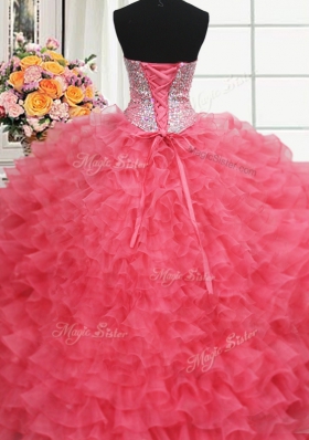 Adorable Three Piece Coral Red Lace Up Vestidos de Quinceanera Beading and Ruffles Sleeveless Floor Length