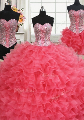 Adorable Three Piece Coral Red Lace Up Vestidos de Quinceanera Beading and Ruffles Sleeveless Floor Length