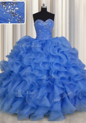Amazing Blue Sweetheart Neckline Beading and Ruffles Ball Gown Prom Dress Sleeveless Lace Up