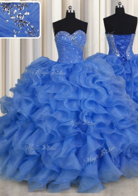 Amazing Blue Sweetheart Neckline Beading and Ruffles Ball Gown Prom Dress Sleeveless Lace Up
