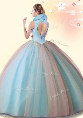 Aqua Blue Sleeveless Floor Length Beading Backless Quince Ball Gowns