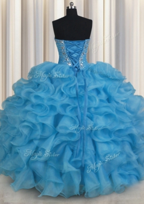 Baby Blue Ball Gowns Sweetheart Sleeveless Organza Floor Length Lace Up Beading and Ruffles Quinceanera Dress