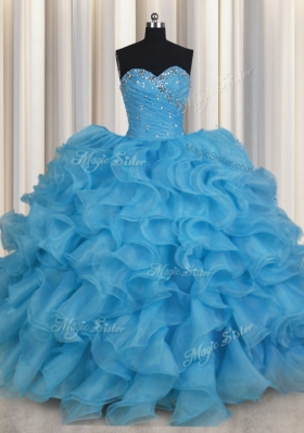 Baby Blue Ball Gowns Sweetheart Sleeveless Organza Floor Length Lace Up Beading and Ruffles Quinceanera Dress
