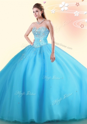 Ball Gowns Quinceanera Dresses Baby Blue Sweetheart Tulle Sleeveless Floor Length Lace Up