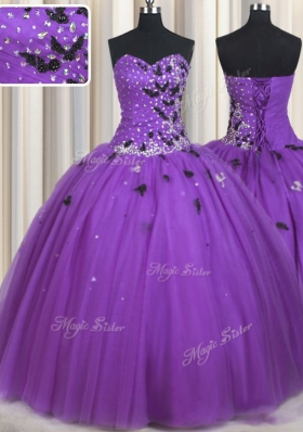Ball Gowns Vestidos de Quinceanera Eggplant Purple Sweetheart Tulle Sleeveless Floor Length Lace Up
