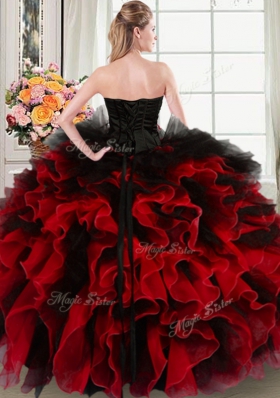 Black and Red Organza and Tulle Lace Up Sweetheart Sleeveless Floor Length 15 Quinceanera Dress Beading and Ruffles and Hand Made Flower