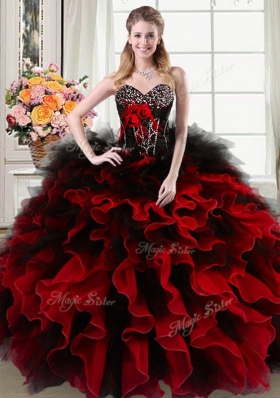 Black and Red Organza and Tulle Lace Up Sweetheart Sleeveless Floor Length 15 Quinceanera Dress Beading and Ruffles and Hand Made Flower