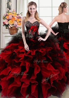 Black and Red Organza and Tulle Lace Up Sweetheart Sleeveless Floor Length 15 Quinceanera Dress Beading and Ruffles and Hand Made Flower