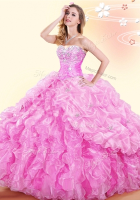 Captivating Beading and Ruffles and Pick Ups Sweet 16 Quinceanera Dress Rose Pink Lace Up Sleeveless Floor Length