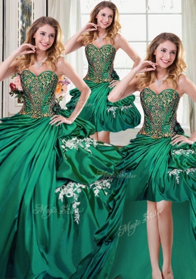 Captivating Four Piece Floor Length Dark Green 15th Birthday Dress Taffeta Sleeveless Beading and Appliques and Pick Ups