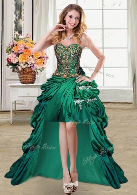 Captivating Four Piece Floor Length Dark Green 15th Birthday Dress Taffeta Sleeveless Beading and Appliques and Pick Ups