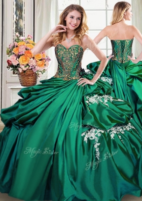 Captivating Four Piece Floor Length Dark Green 15th Birthday Dress Taffeta Sleeveless Beading and Appliques and Pick Ups