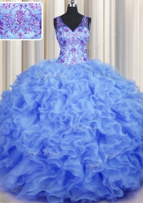 Captivating V Neck Blue Sleeveless Beading and Appliques and Ruffles Floor Length Vestidos de Quinceanera