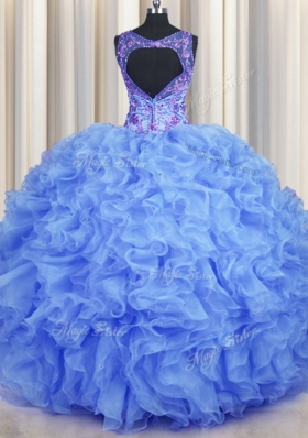 Captivating V Neck Blue Sleeveless Beading and Appliques and Ruffles Floor Length Vestidos de Quinceanera