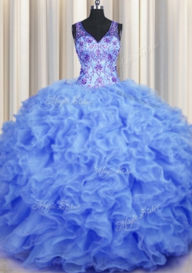 Captivating V Neck Blue Sleeveless Beading and Appliques and Ruffles Floor Length Vestidos de Quinceanera