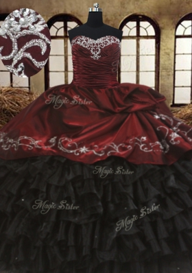 Clearance Red And Black Ball Gown Prom Dress Military Ball and Sweet 16 and Quinceanera and For with Beading and Embroidery and Ruffled Layers Sweetheart Sleeveless Lace Up