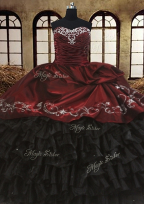 Clearance Red And Black Ball Gown Prom Dress Military Ball and Sweet 16 and Quinceanera and For with Beading and Embroidery and Ruffled Layers Sweetheart Sleeveless Lace Up