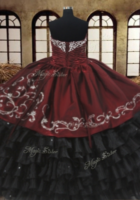 Clearance Red And Black Ball Gown Prom Dress Military Ball and Sweet 16 and Quinceanera and For with Beading and Embroidery and Ruffled Layers Sweetheart Sleeveless Lace Up