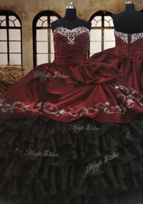 Clearance Red And Black Ball Gown Prom Dress Military Ball and Sweet 16 and Quinceanera and For with Beading and Embroidery and Ruffled Layers Sweetheart Sleeveless Lace Up