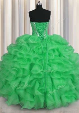 Comfortable Sleeveless Floor Length Beading and Ruffles Lace Up Sweet 16 Dresses with Green