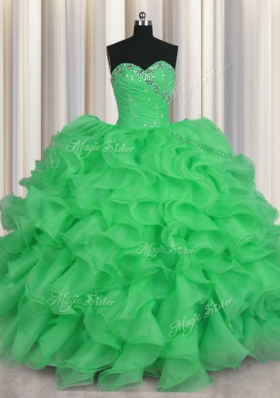 Comfortable Sleeveless Floor Length Beading and Ruffles Lace Up Sweet 16 Dresses with Green