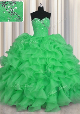 Comfortable Sleeveless Floor Length Beading and Ruffles Lace Up Sweet 16 Dresses with Green