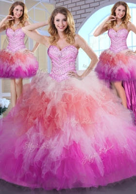 Custom Design Four Piece Ball Gowns Sweet 16 Dresses Multi-color Sweetheart Tulle Sleeveless Floor Length Lace Up