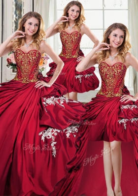 Designer Four Piece Beading and Appliques and Pick Ups Quinceanera Gowns Wine Red Lace Up Sleeveless Floor Length