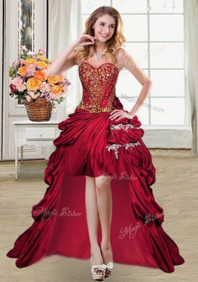 Designer Four Piece Beading and Appliques and Pick Ups Quinceanera Gowns Wine Red Lace Up Sleeveless Floor Length