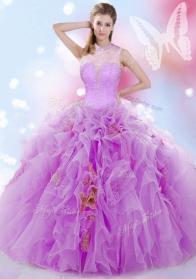 Dramatic Halter Top Sleeveless Lace Up Ball Gown Prom Dress Lilac Tulle