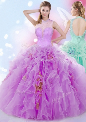 Dramatic Halter Top Sleeveless Lace Up Ball Gown Prom Dress Lilac Tulle