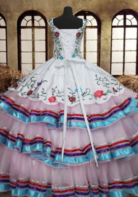 Fabulous Straps Straps White Lace Up Vestidos de Quinceanera Embroidery and Ruffled Layers Sleeveless Floor Length