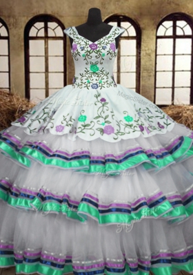 Fabulous Straps Straps White Lace Up Vestidos de Quinceanera Embroidery and Ruffled Layers Sleeveless Floor Length