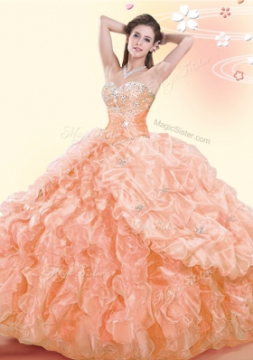 Fancy Orange Lace Up Sweetheart Beading and Ruffles and Pick Ups Quinceanera Gowns Organza Sleeveless