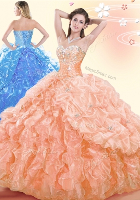 Fancy Orange Lace Up Sweetheart Beading and Ruffles and Pick Ups Quinceanera Gowns Organza Sleeveless
