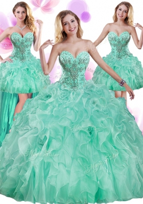 Fantastic Four Piece Apple Green Ball Gowns Organza Sweetheart Sleeveless Beading and Ruffles Floor Length Lace Up Quinceanera Gowns