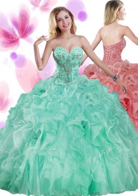 Fantastic Four Piece Apple Green Ball Gowns Organza Sweetheart Sleeveless Beading and Ruffles Floor Length Lace Up Quinceanera Gowns