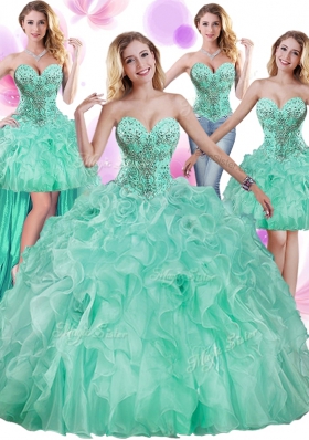 Fantastic Four Piece Apple Green Ball Gowns Organza Sweetheart Sleeveless Beading and Ruffles Floor Length Lace Up Quinceanera Gowns