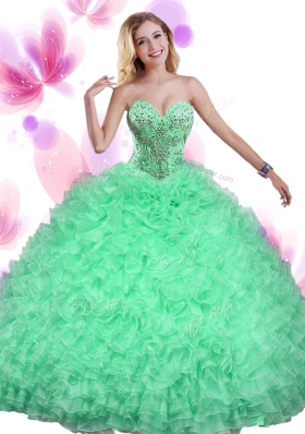 Fantastic Organza Sleeveless Floor Length Quince Ball Gowns and Beading and Ruffles