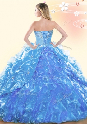 Fashion Sleeveless Floor Length Beading and Ruffles and Pick Ups Lace Up Sweet 16 Quinceanera Dress with Blue